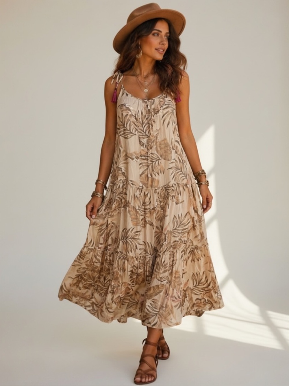$88 Blue Island Midi Dress Beige Floral Pink Tassel Tie Straps Bohemian Beach S